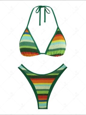 Seamolly Green Multicolor Stripe Crochet Bikini - Women Swim S 00021